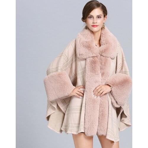 Female Faux fox fur check plaid tartan Cape Poncho Cardigan Knitting lady shawl stole wraps Sweater #4144
