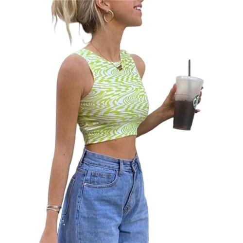 Xingqing Women Tank Top Y2K Clothes Geometric Print Vest Cut Out Sleeveless Cropped Top Summer Sexy Tops Basic Stretch T Shirt