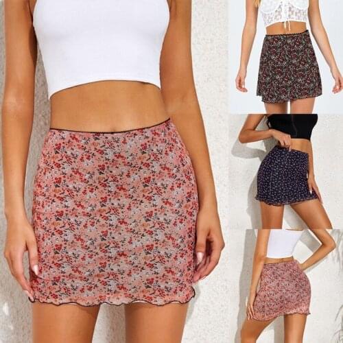 Boho Mini Skirt Women Floral Print Summer Beach Streetwear Bodycon Double Layers Skirts