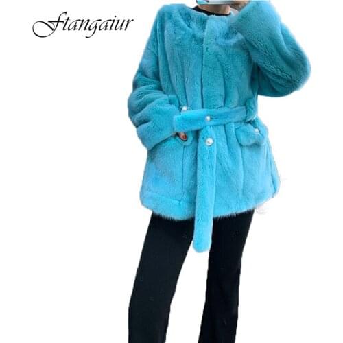 Ftangaiur 2019 Winter Import Velvet Mink Fur Coat O-Neck Retro Solid Sashes Mink Coat Womens Medium Natural Real Mink Fur Coats