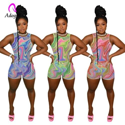 Paisley Women Rompers 2021 Summer Sleeveless Mesh Sheer Playsuit Fitness Activewear Sexy Club Party One Piece Short Jumpsuits