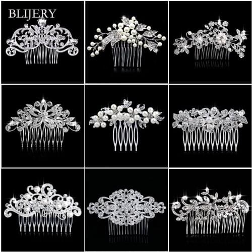 BLIJERY Silver Color Pearl Rhinestone Flower Bridal Hair Combs for Women Crystal Hair Ornaments Jewelry Wedding Hair Accessories