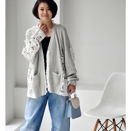 MICOCO W2022 Autumn Korean hollow-out lace stitching loose-fitting womens sweater cardigan