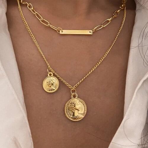 Punk Multilayer Gold Color Coins Pendant Necklace For Women Retro Portrait Coin Chain Collar Necklace Female Jewelry Party Gift