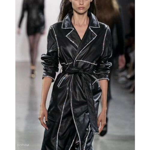 Women Coat Natural 100% Sheepskin Winter Fashion Sheepskin Genuine Leather Long Windcoat Diamond Female Outwear Belt Decoration