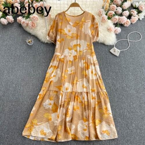 Women Retro Floral Dress Korean Puff Sleeve V Neck A-line Ruffles Dress Summer Bohemian Print Vacation Midi Long Dress