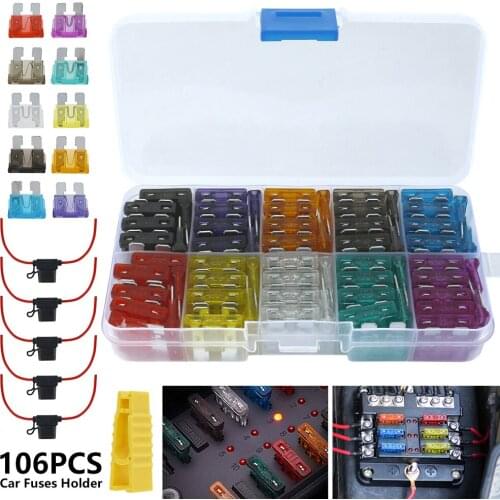 106pcs Profile Medium Size Blade Type Car Fuse Assortment 2/3/5/7.5/10/15/20/25/30/35A Fuse Set Auto Car Truck with Box Clip