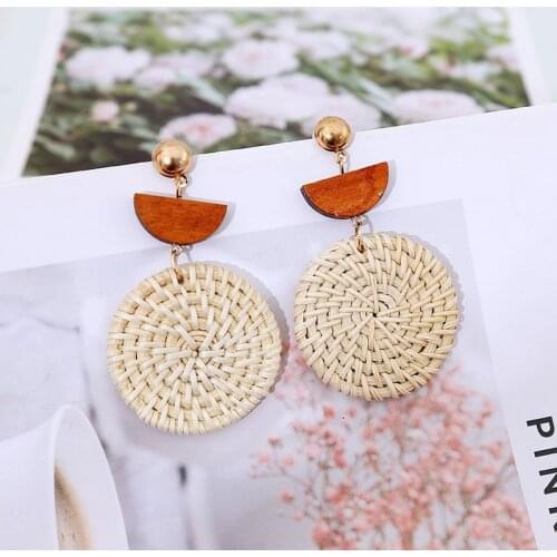 2019 New Fashion Geometric Round Wooden Straw Weave Vine Rattan Knit Dangle Earrings For Women Boho Handmade Drop Earring Gifts
