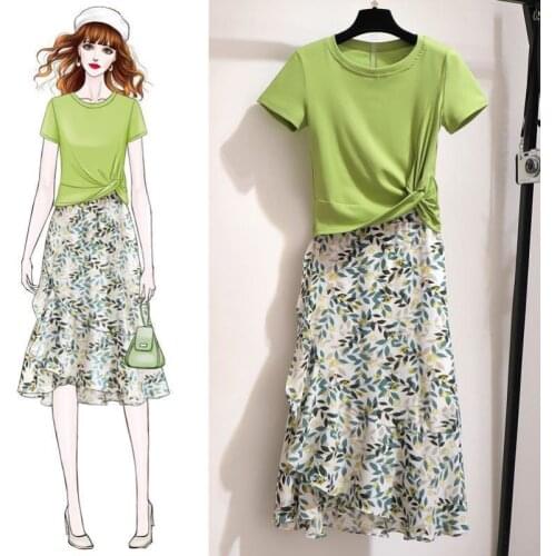 2021 Summer Korean Fashion T-shirt Skirt Set Women Graceful Print Dress Girls Students Casual Sweet Clothing Wholesale