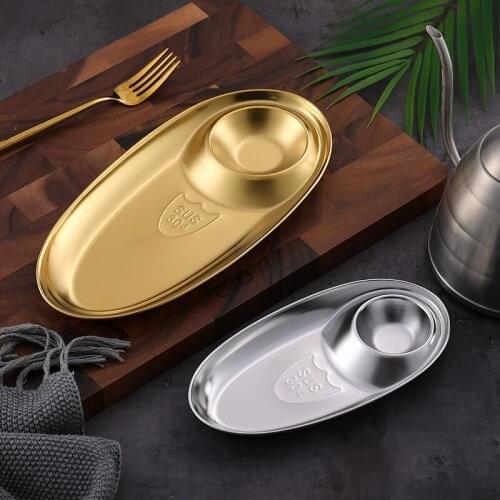 304 Stainless Steel Snack Plate Oval Fries Plate With Seasoning Grid Golden Dumpling Plate Fried Chicken Dim Sum Plate
