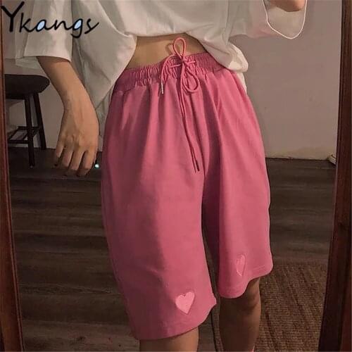 Drawstring Heart Embroidery High Waist Baggy Casual Shorts Women Basic Cycling Capri Pants Biker Sports Wide Leg Hot Pants Home
