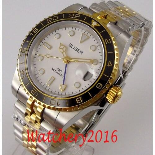 BLIGER Yellow Gold Plated Self Winding Men Watch GMT Movement Jubilee Bracelet White Dial Sapphire Crystal ceramic bezel