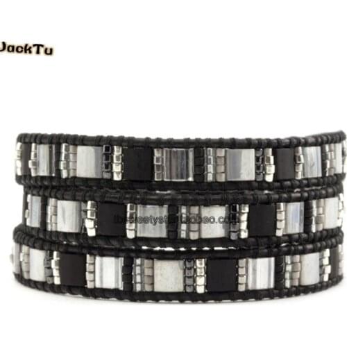 Black mix stone triple wrap bracelet leather black