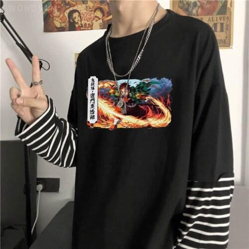Japan Anime Demon Slayer Kamado Tanjirou Men/Women Long Sleeve T Shirts Harajuku Manga Streetwear Summer Casual Stripes T-Shirts