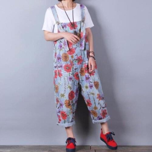 Spring Literary Womens Fashion Loose Leisure Floral Print Denim Jumpsuit Retro Washed Hole Low-crotch Rompers