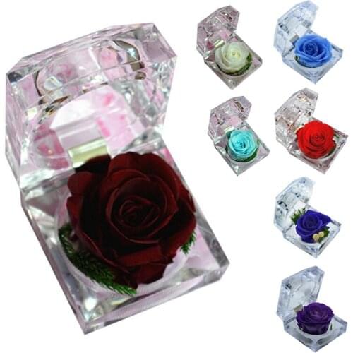 Handmade Preserved Rose With Acrylic Crystal Ring Box For Proposal Engagement