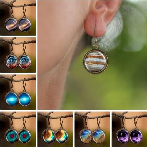 Creative Galaxy Dangle Earrings Planet Jupiter Photo Glass Cabochon Earrings Fashion Accessories for Women Valentines Day Gift