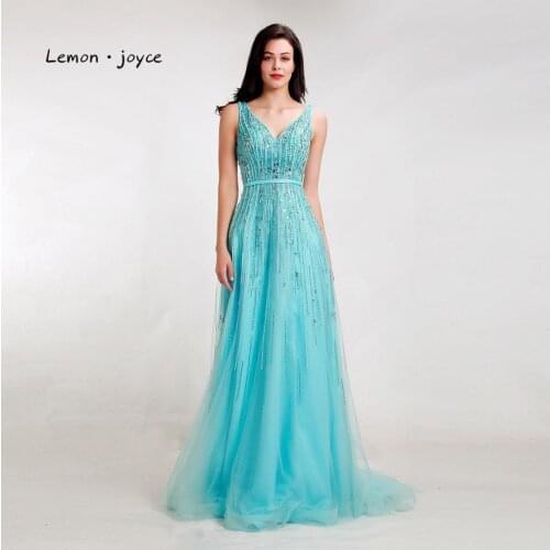 Lemon joyce Light Blue Evening Dresses 2020 for Women Sexy V-Neck Backless Elegant Long Party Prom Gowns Robe de Soiree