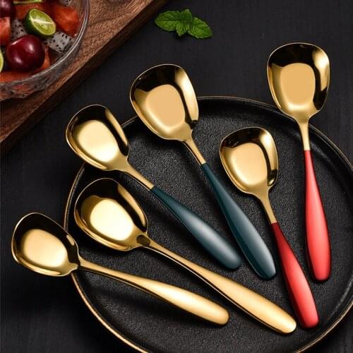 1PC Stainless Steel Rice Spoon Square Spoon Ladle Gold Dessert Ice Cream Table Spoon for Kids Restaurant Kitchen Tableware