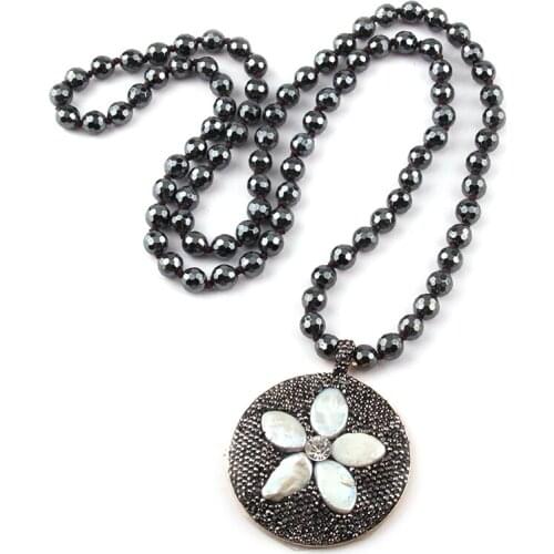 Fashion Bohemian Tribal Jewelry 8mm Hematite Stones Knotted Stone Circle Pendant Pearl Retro Necklaces Women Ethnic Necklace