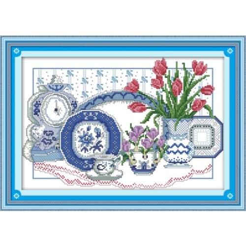 Flowers in celadon vase cross stitch kit cartoon 14ct 11ct count print canvas stitching embroidery DIY handmade needlework