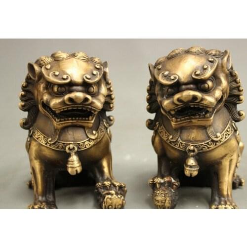 Song voge gem S2815 Chinese Fengshui Bronze Ball Exorcise Evil Spirits Foo Fu Dog Lion Statue Pair