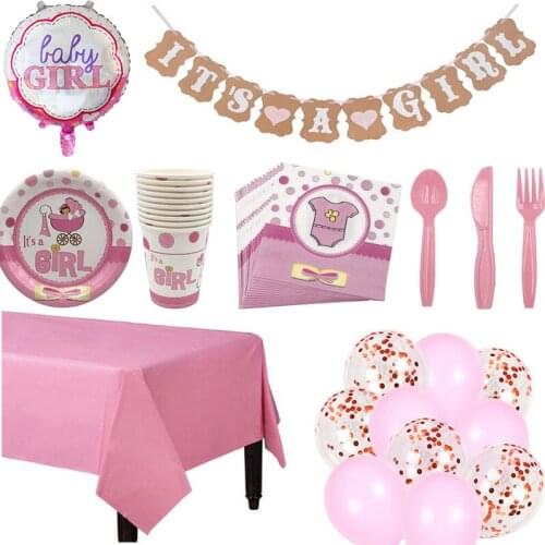 Baby Shower Pink Paper Plates Cups Napkin Tablecloth Girl Party Disposable Tableware Set Baby Birthday Party Supplies Decorative