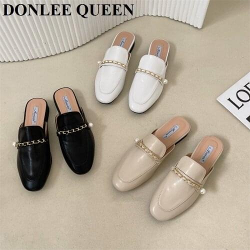 New Brand Pearl Chain Slippers Women Slip On Mule British Style Shoe Flat Casual Female Slide Outdoor Flip Flops Zapatillas Muje