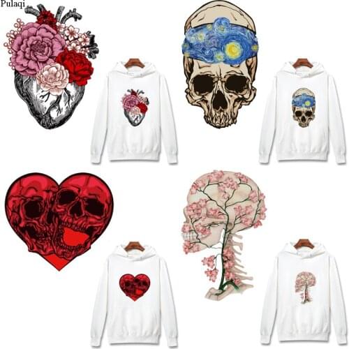 Pulaqi Iron On Transfer Hippie Skull Patches Van Gogh Thermal Stickers On Clothes Heart Heat Transfer Vinyl Patches For Clothing