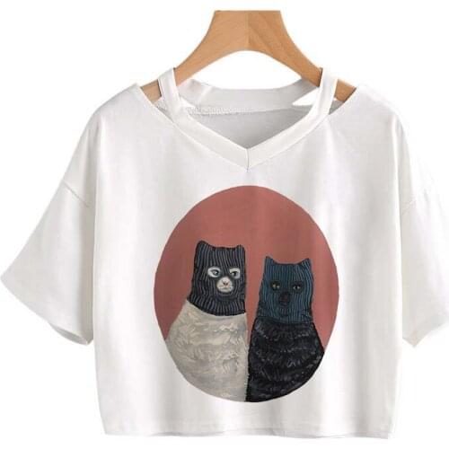 ZSIIBO Y2K Summer Cute Cat Graphic Print Crop tops Punk T-shirts Kawaii V-neck Sexy Short Sleeve Harajuku Short Tee Vintage Tops