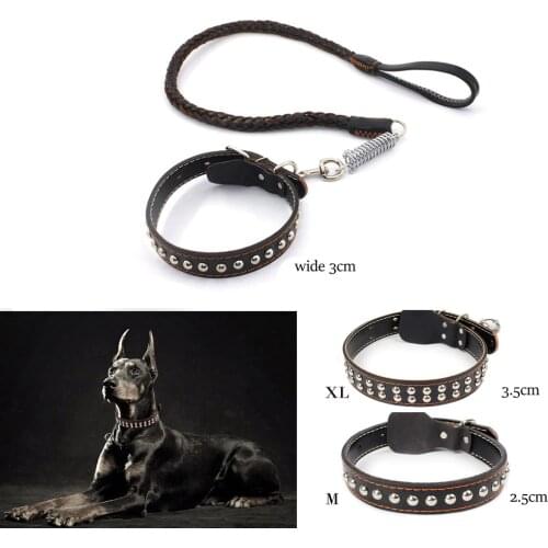 Rivet Leather Dog Collar Strong Traction Rope Leash Collars Set for Big Large Dogs Strap Belt Leads Pet Collar Buffer Spring
