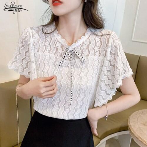 Summer 2021 Lace Crochet Floral Shirt Korean Lace Blouse Women New V-neck Thin Short Sleeve Top Women Blusas Mujer Clothes 15210