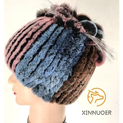 Ladies Knitted Hat With Natural Fur, Luxury Fashion Casual Business Winter Rex Rabbit Fur Warm Leather Hat New Products In 2021