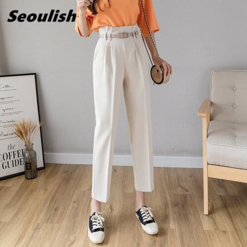 Seoulish 2021 Women Formal Harem Pants with Belted High Waist Elegant Office Lady Ankle-Length Female Bud Pants Spring Summer