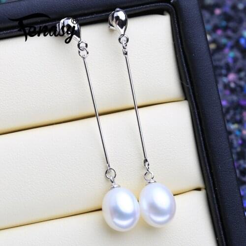 FENASY Natural Pearl Earrings Elegant Water Drop Shaped Cubic Crystal Bridal 925 Sterling Silver Long Earrings