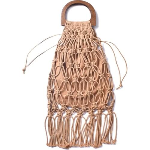 Handmade cotton woven wood handle womens handbags and purses hollow rope tassel beach female net straw tote evening clutch bags