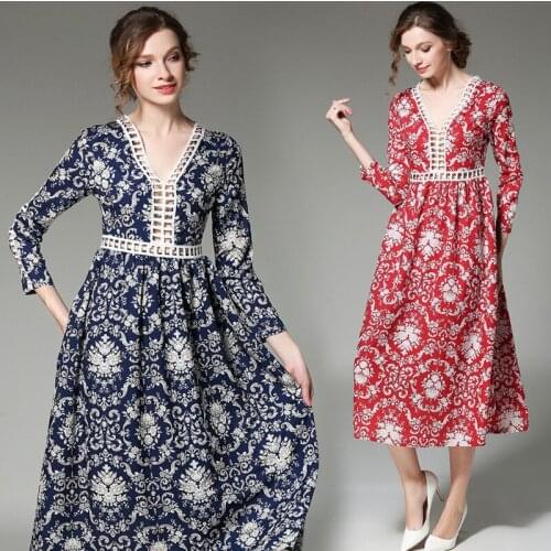 Deep V Neck Long Sleeve Sexy Women Bohemian Dress Spring Hollow Out A-Line Floral Print Black Red Female Maxi Casual Dresses