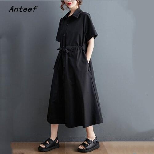Short sleeve black cotton vintage dresses for women casual loose long women summer shirt dress elegant clothes 2021