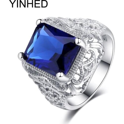 YINHED Luxury Big Blue Crystal CZ Ring Solid 925 Sterling Silver Engagement Ring For Women Wedding Gift Fine Jewelry ZR462