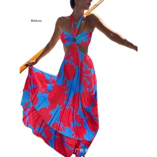 Lady Sexy Hollow Out Sleeveless Beach Dress V-Neck Boho Dress Fashion Retro Pattern Slim Long Women Dresses