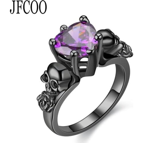 Vintage Purple Crystal Ring Skull Rose flower Color Rings for Women Fashion punk style Heart-Shape Jewelry Dropshipping