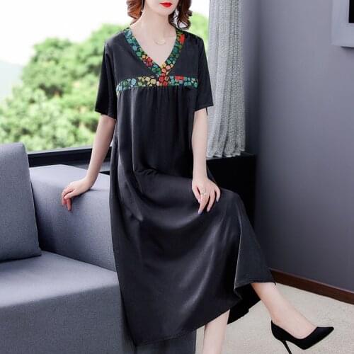 2021 Summer Vintage Black Loose Mulberry Silk Midi Dress Women Boho 4XL Plus Size Solid Dress Elegant Bodycon Party Maxi Vestido