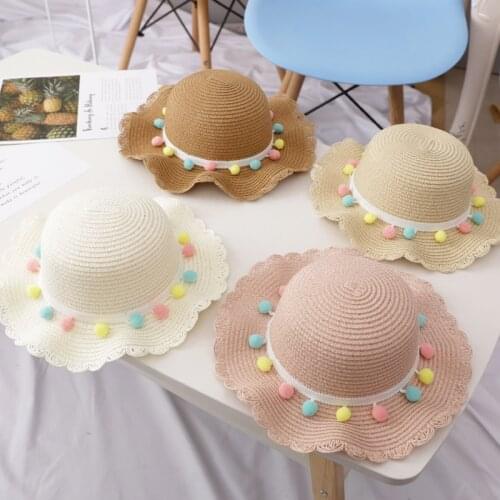 Kids Girls Large Wide Brim Straw Woven Sun Protection Beach Hat Colorful Pompom Ball Summer Cute Hat Pure Color 1pc