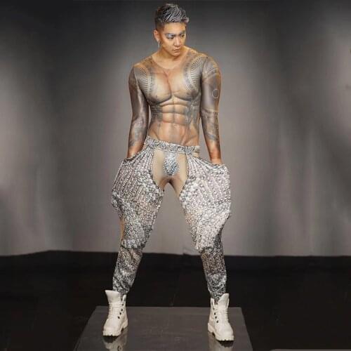 2019 Nightclub Men Spandex Elastic Muscle Jumpsuit + Pant Gogo Dancer Costume Rave Clothes Party Bar Stage Costumes dj Costumes