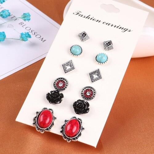 6 Pairs/Set Boho Vintage Black Flower Earrings Antique Silver Color Red Blue Stone Cute Round Rhombus Stud Earrings sets