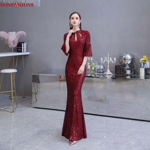 Burgundy Mermaid Sequined Evening Dresses 2020 New Wine Red O Neck Elegant Half Sleeves Formal Party Prom Gowns vestido de festa