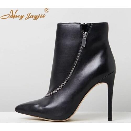 Women Adult Boots Black White Solid Ankle zippers Pointed Toe Super High Thin heels Sexy Mature Concise Leisure Nancyjayjii 2019