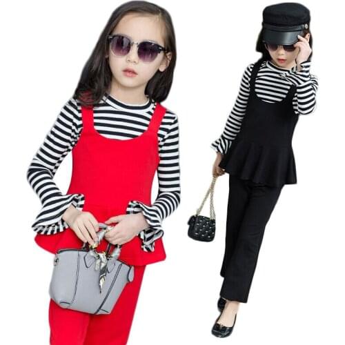 Kids Sets for Girls Vest+ Long Sleeve Stripe T Shirt +pant 3Pc Sets Childrens Clothes Spring Autumn Black Red Color 3-10 Ages
