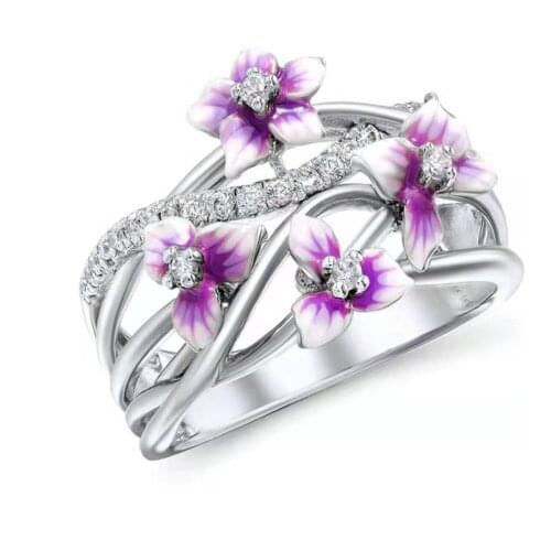 Trendy Violet Flowers Enamel Ring for Women Romantic Party Wedding Engagement Famale Rings Jewelry Hand Accessories Size 6-10