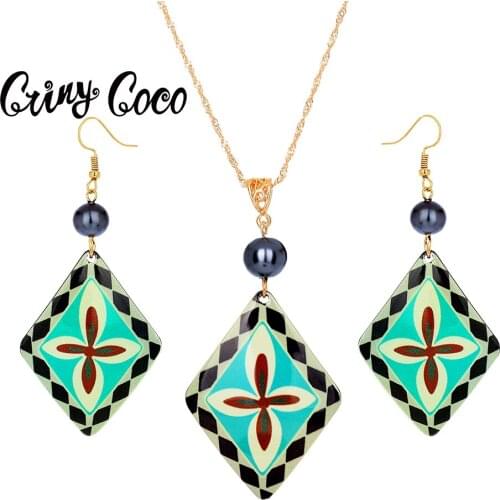 Cring Coco Acrylic Jewelry Sets 2021 Fashion Drop Green Cross Pearl Earrings and Necklaces Set Hawaiian Beach Earing for Women
